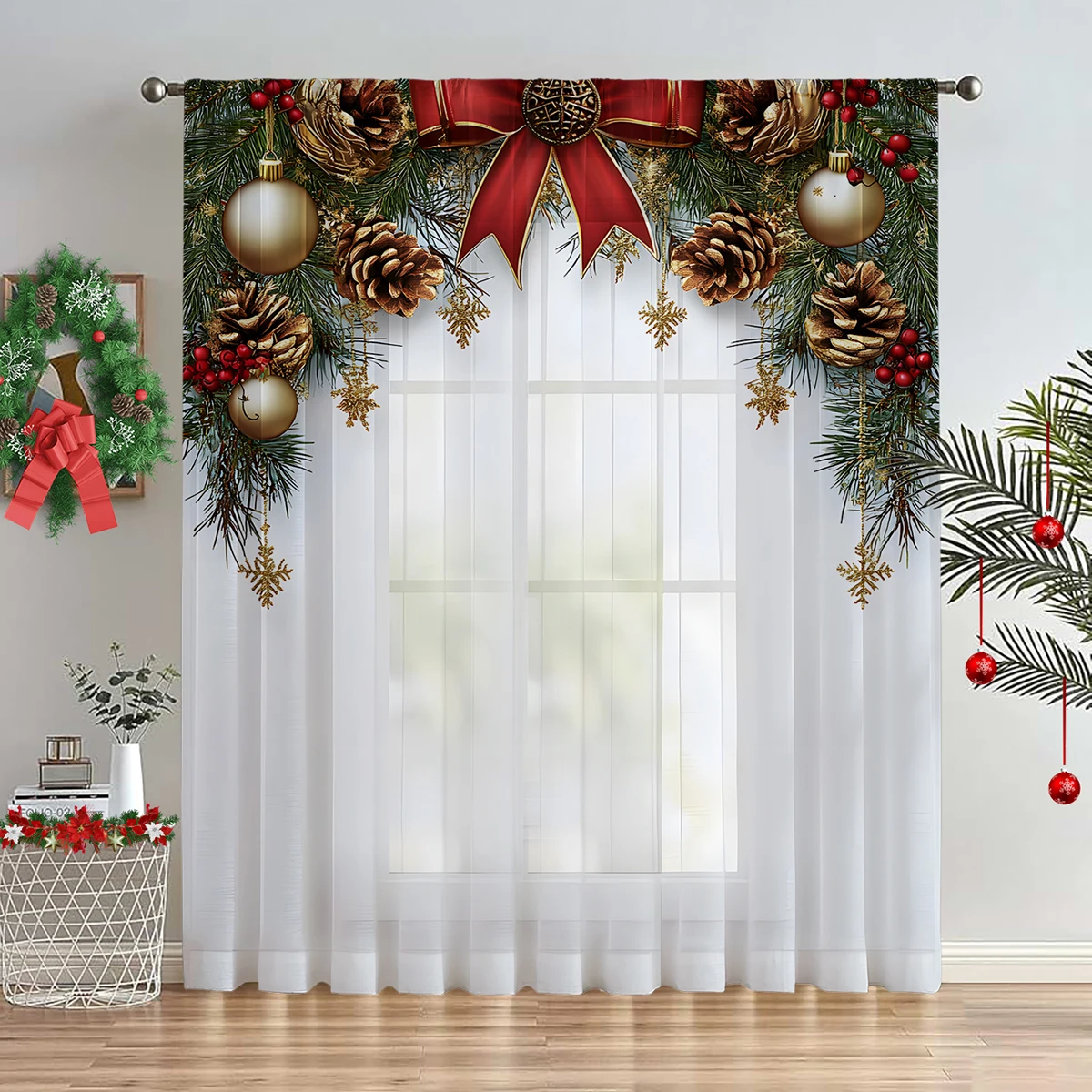 1Pc Christmas-Themed Curtain, Lightweight and Breathable, Made of 100% Polyester, with Rod Pocket Design, Convenient for Decoration, Suitable for Living Room, Bedroom, Dining Area, Office and Balcony Decoration