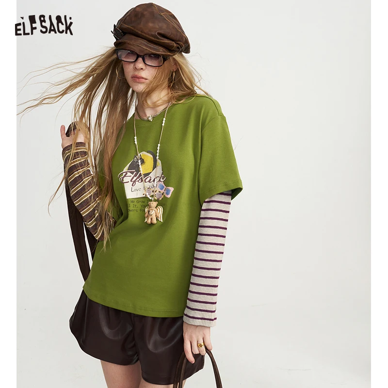 ELFSACK Women's Fake Two-Piece Cat Graphic Tee with Striped Long Sleeves, Casual Top for Daily Wear
