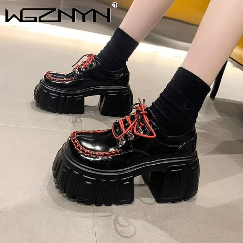 NEW Summer Autumn British Walker Shoes Women Patent Leather Platform Shoes High Platform Chunky Heel Pumps 9 Cm Zapatos De Mujer