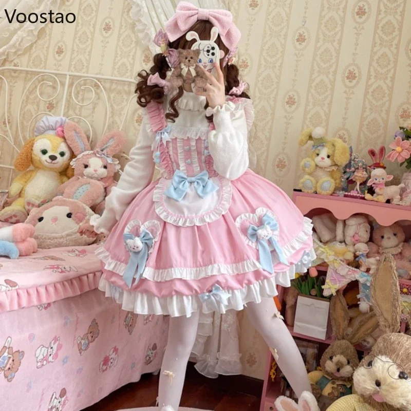 Japonês doce lolita jsk vestido feminino bonito azul rosa arco urso rendas babados sem mangas vestido meninas kawaii chá festa mini vestido