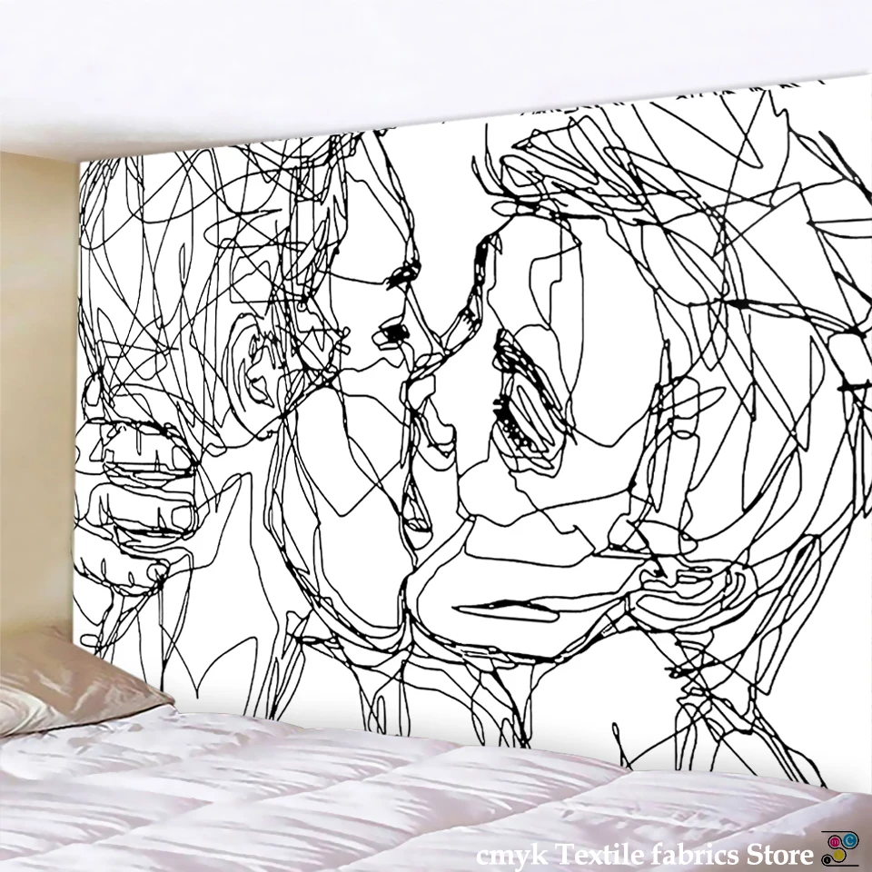 Creative line draw tapestry wall hanging boho decor hippie kiss psychedelic   abstract