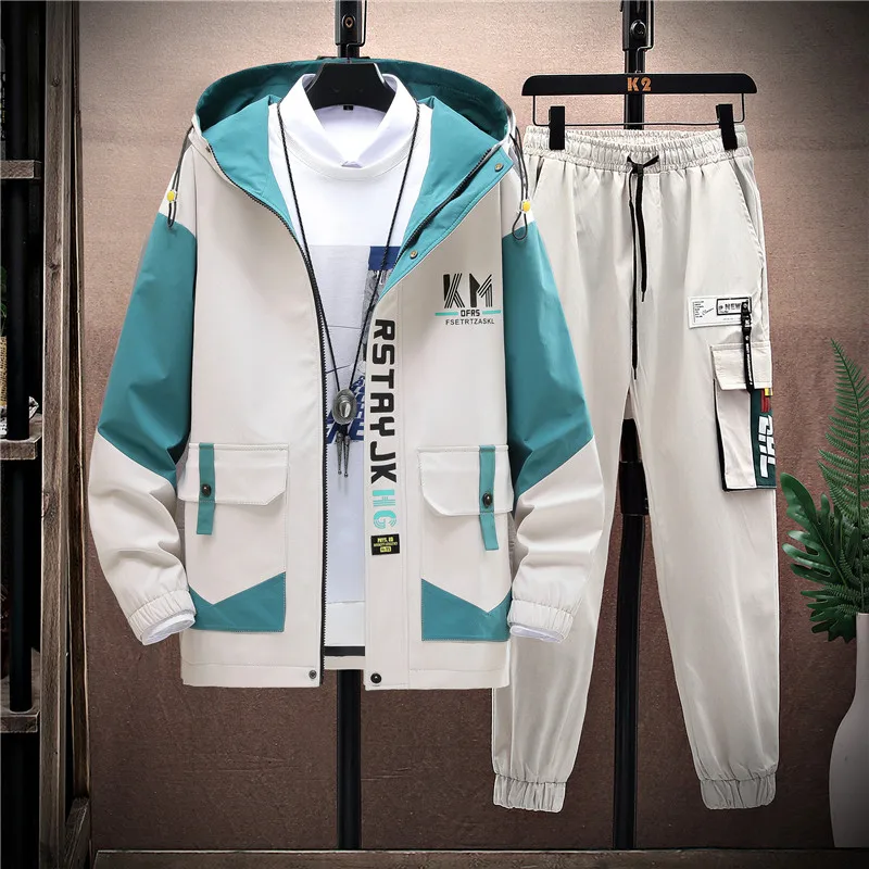 Autumn Casual Men Sets Two Pieces Fashion Korean Trend Hooded Jacket + Pants Spring Baseball Uniform Suit Man Outfit