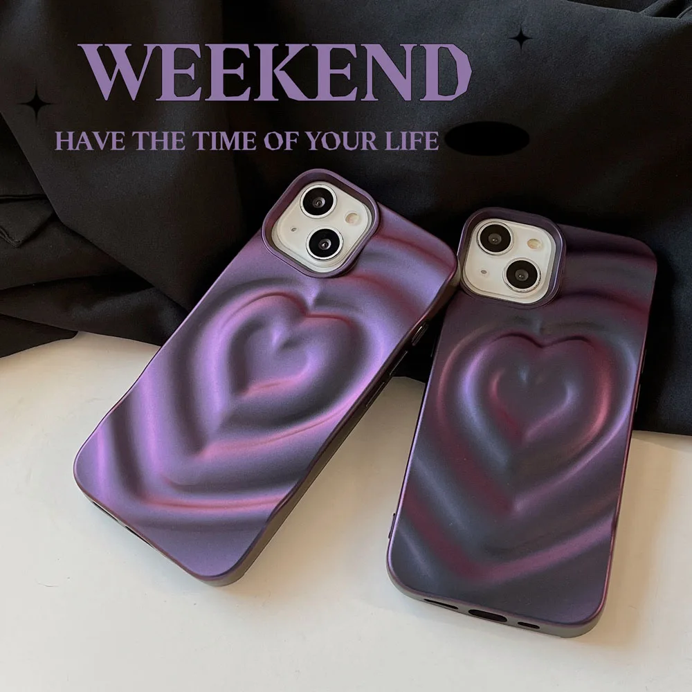 เคสโทรศัพท์แฟชั่นลายคลื่นน้ำไล่ระดับสี3D ลายรักสีม่วงสำหรับ iPhone 11 12 Pro 13 14 15 PRO MAX พับได้ปลอกกันกระแทกแบบนิ่ม