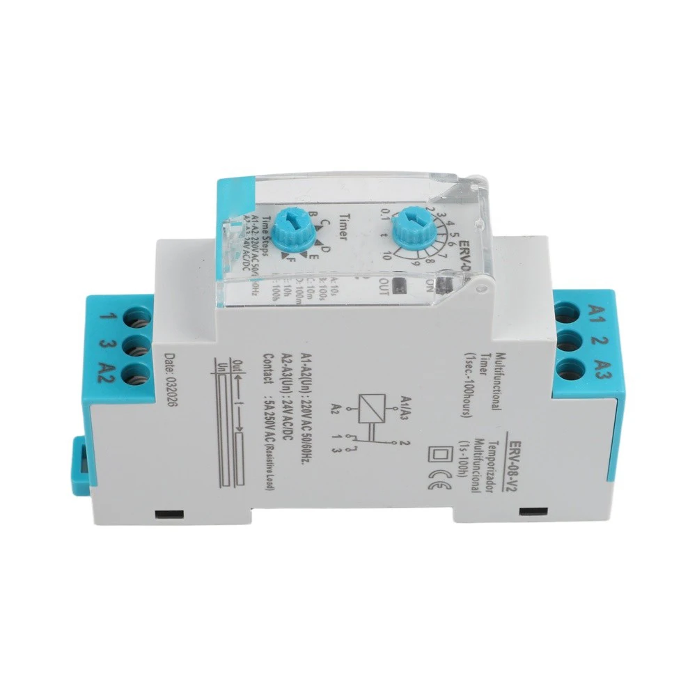 ERV-08-V2 Timer Relay for For industrial Use 0.1 Second 100 Hour Delay Range Compatible with Standard DIN Rails