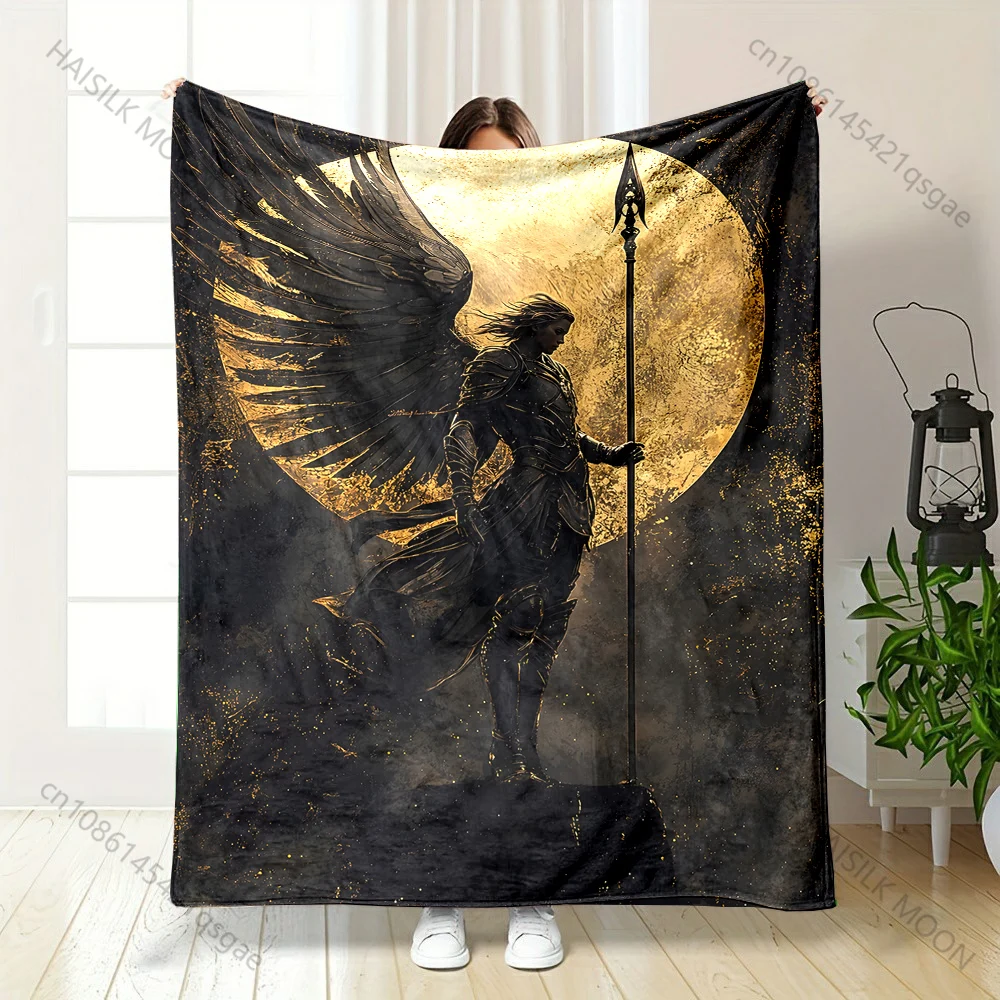 1PC Black-winged warrior with spear printed blanket all seasons multi-purpose blanket suitable for sofa, camping, travel, car