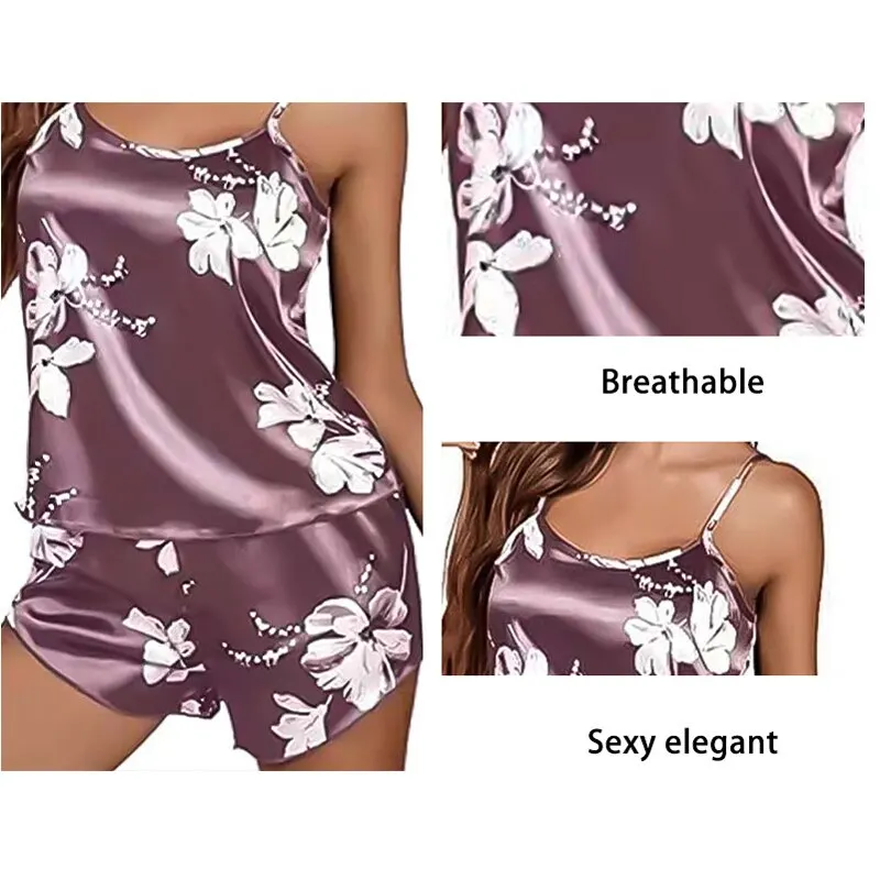 New Ladies Satin Pijama Silk Lace Lingerie Vest Shorts Floral Printing Pajamas Two Piece Set Nightwear For Woman