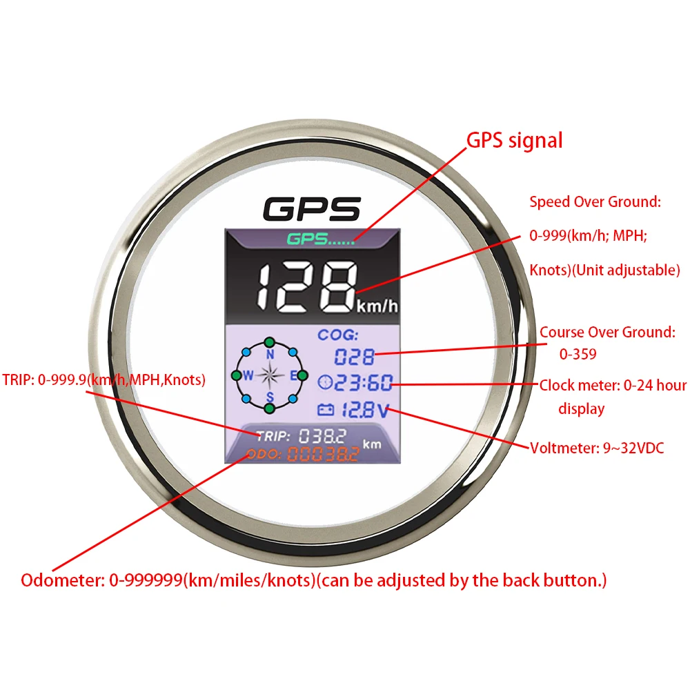 

Новейшая доставка 85 мм, многофункциональный датчик 3 в 1, 0-999 км/ч, MPH, узлы, GPS-спидометр с 24-часовым вольтметром для автомобиля, лодки