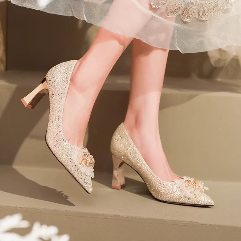 

Sequin Slip-On Heels Women's Fall New Pointed Toe Shallow Mouth Floral Non-Slip Block Heel Single