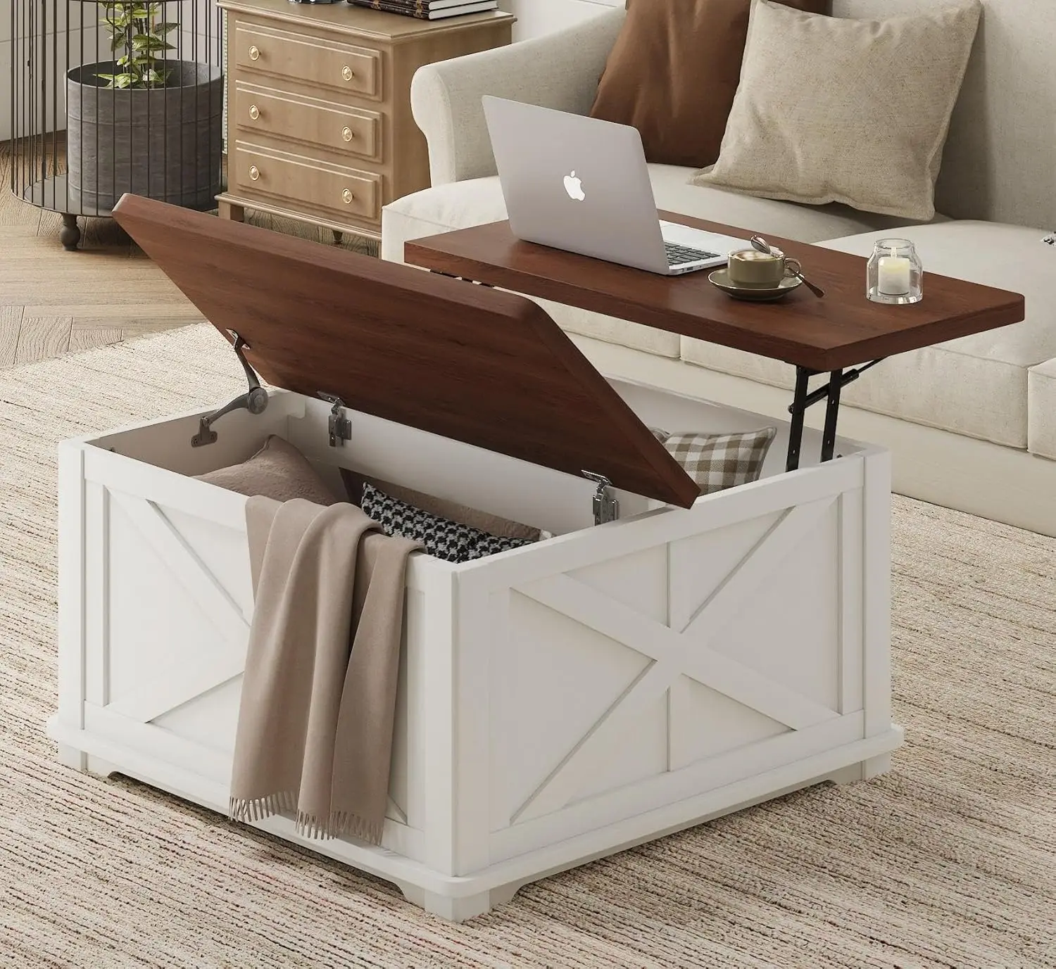 

Квадратный журнальный столик с местом для хранения, журнальный столик в стиле фермерского дома с подъемной столешницей, деревянные журнальные столики с коричневой откидной крышкой, на заказ