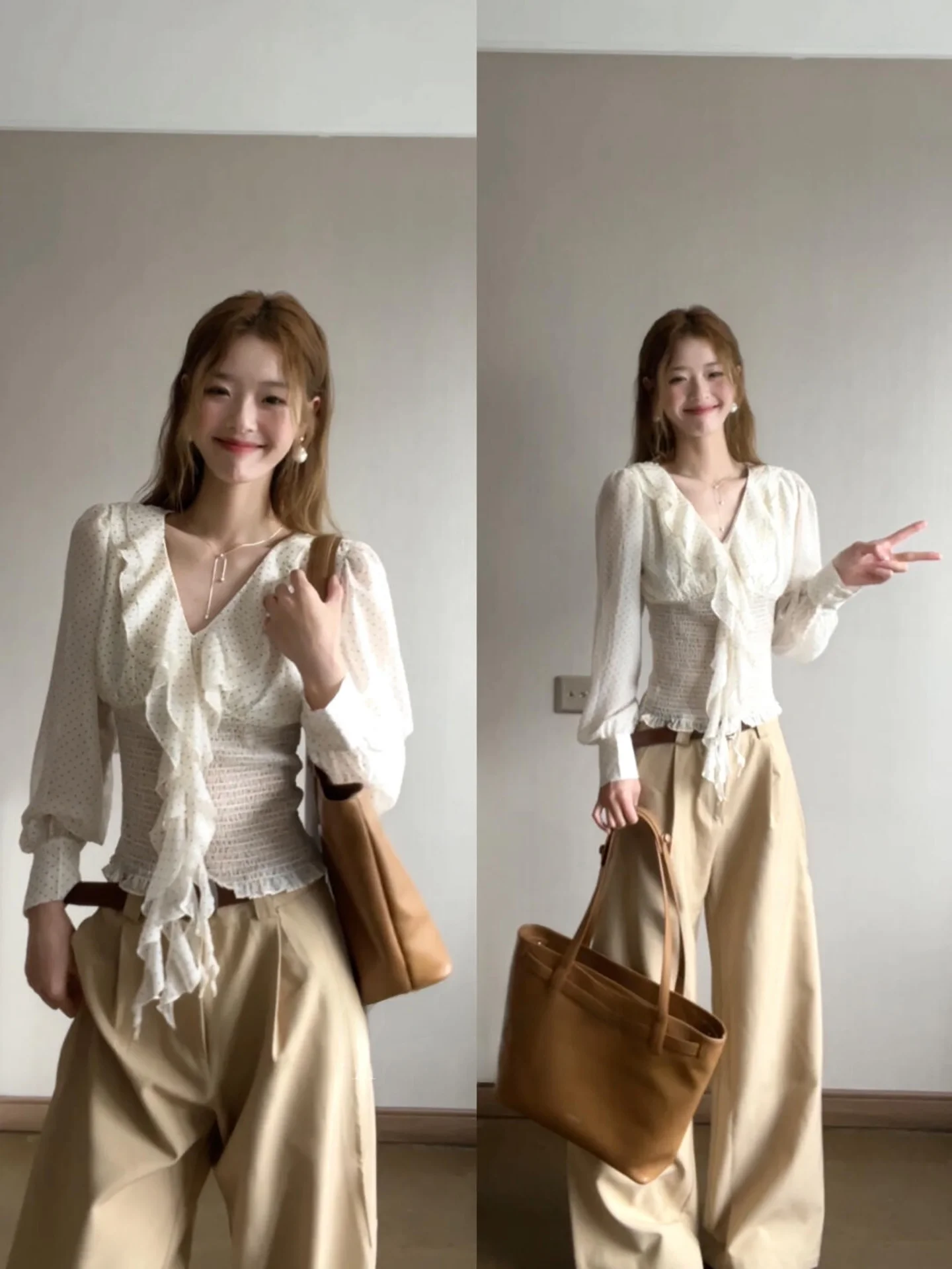 

Elegant Polka Dot Chiffon Shirt Korean Style Slim Fit Long Sleeve V Neck Sash Spring 2026 New Arrival Women's Fashion Top