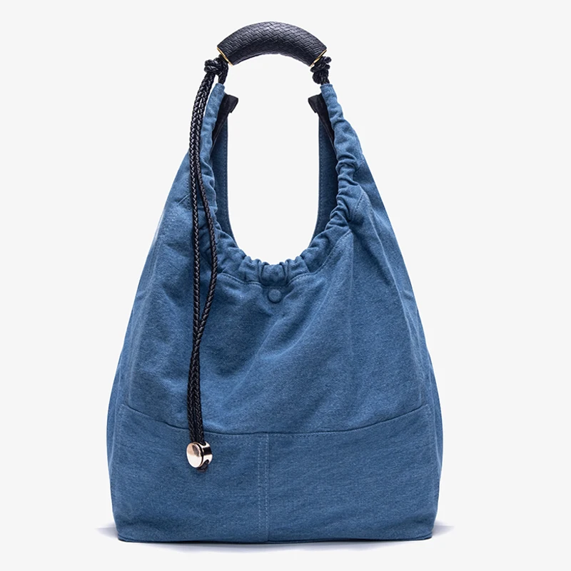 Drawstring Bucket Bags For Women Luxury Designer Handbags Purses 2024 New In Fashion Denim Large Capacity Pleated Shoulder Tote