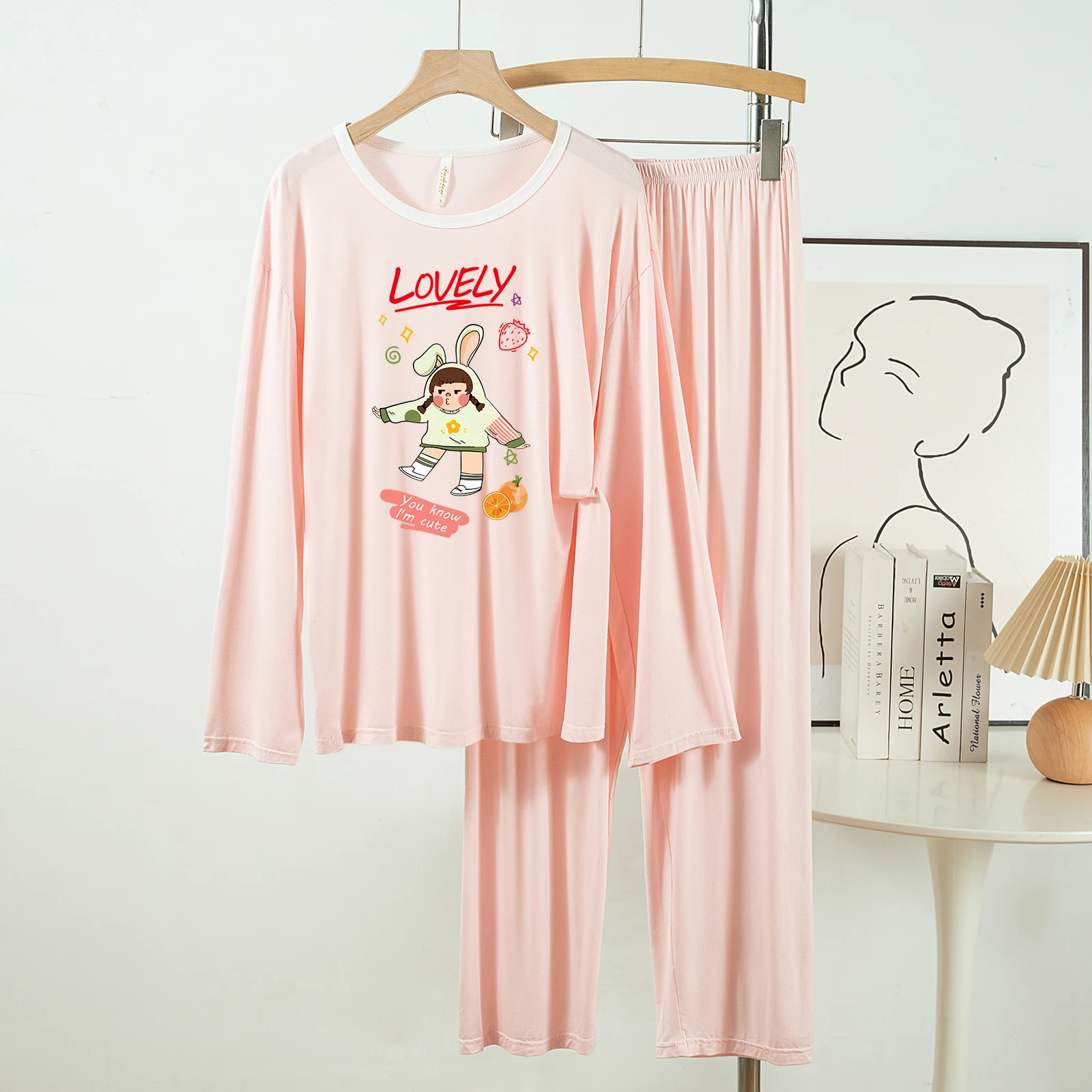 

5178-304 Новые повседневные и ленивые модальные пижамы с круглым вырезом для женщин, весенние и осенние длинные брюки с длинными рукавами, домашняя одежда из двух предметов