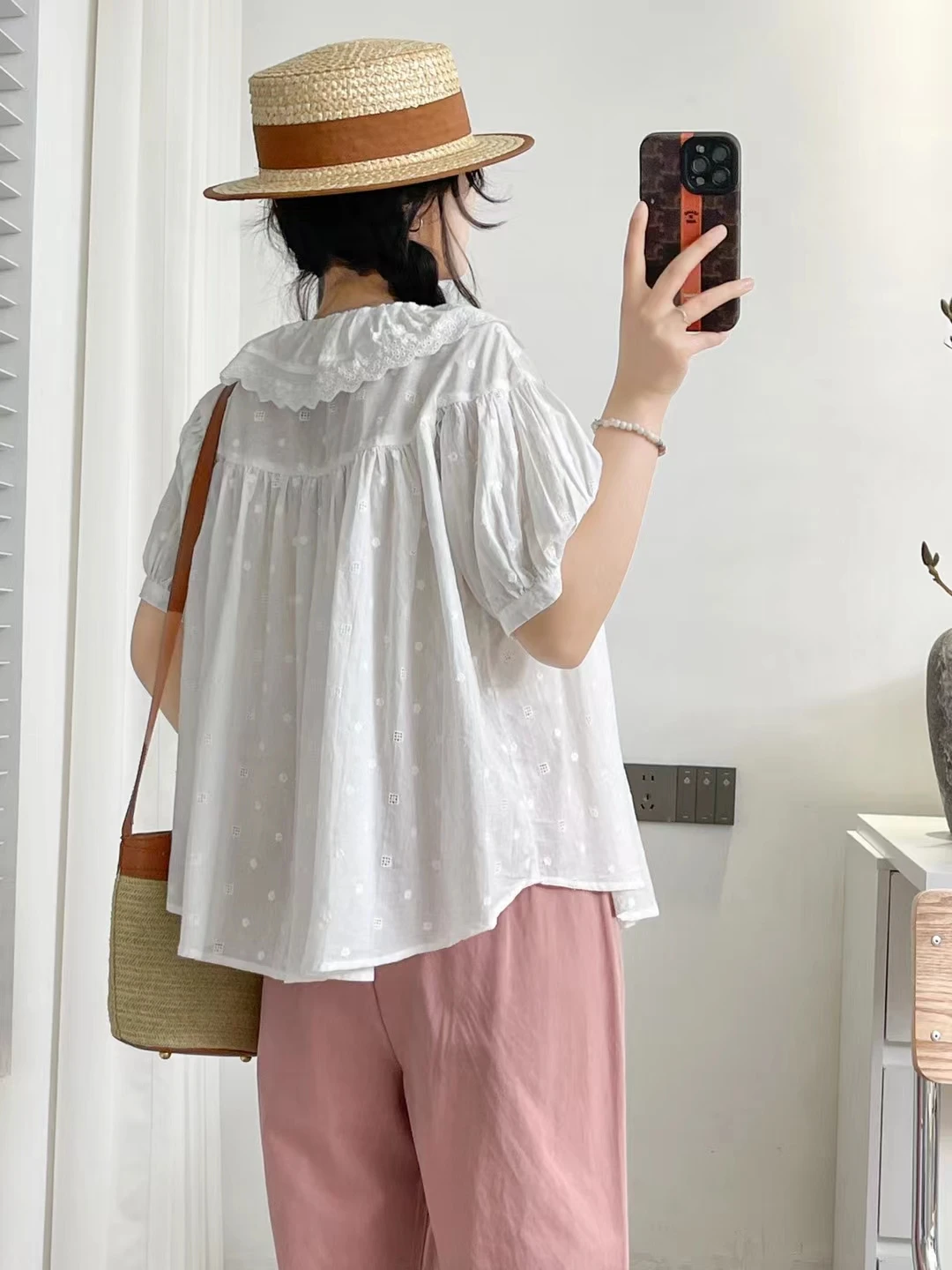 New 2025 Summer Cotton Short Sleeve Shirt, Women Peter Pan Collar Embroidery, Mori Girl Japan Style Sweet Loose Blouse T55553CC