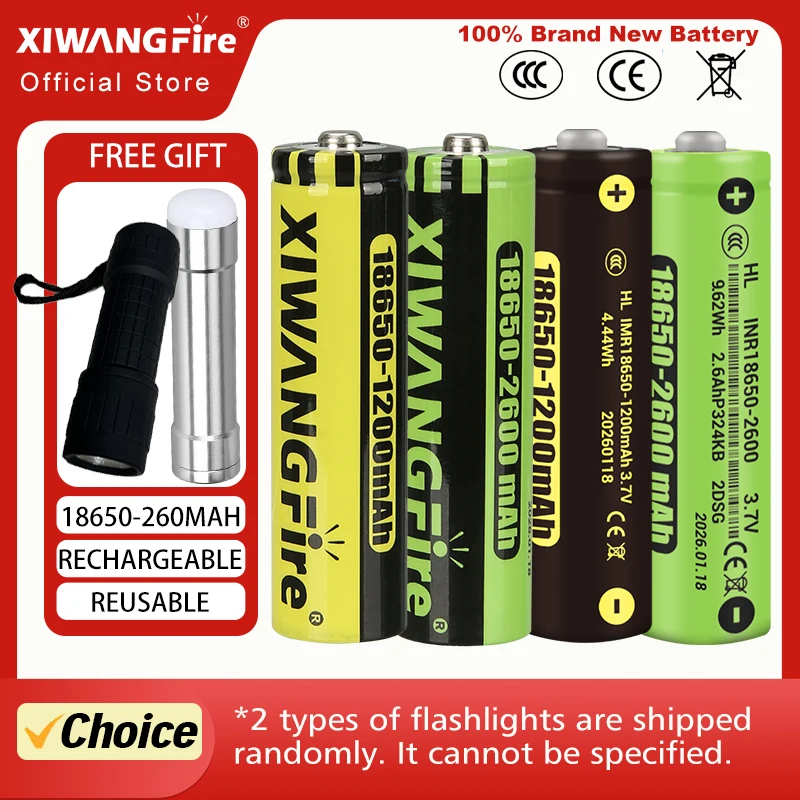 

Совершенно новая батарея 18650 для быстрой зарядки с бесплатным фонариком, высококачественная батарея 18650 емкостью 1200 мАч/2600 мАч 3,7 В для электронных устройств.