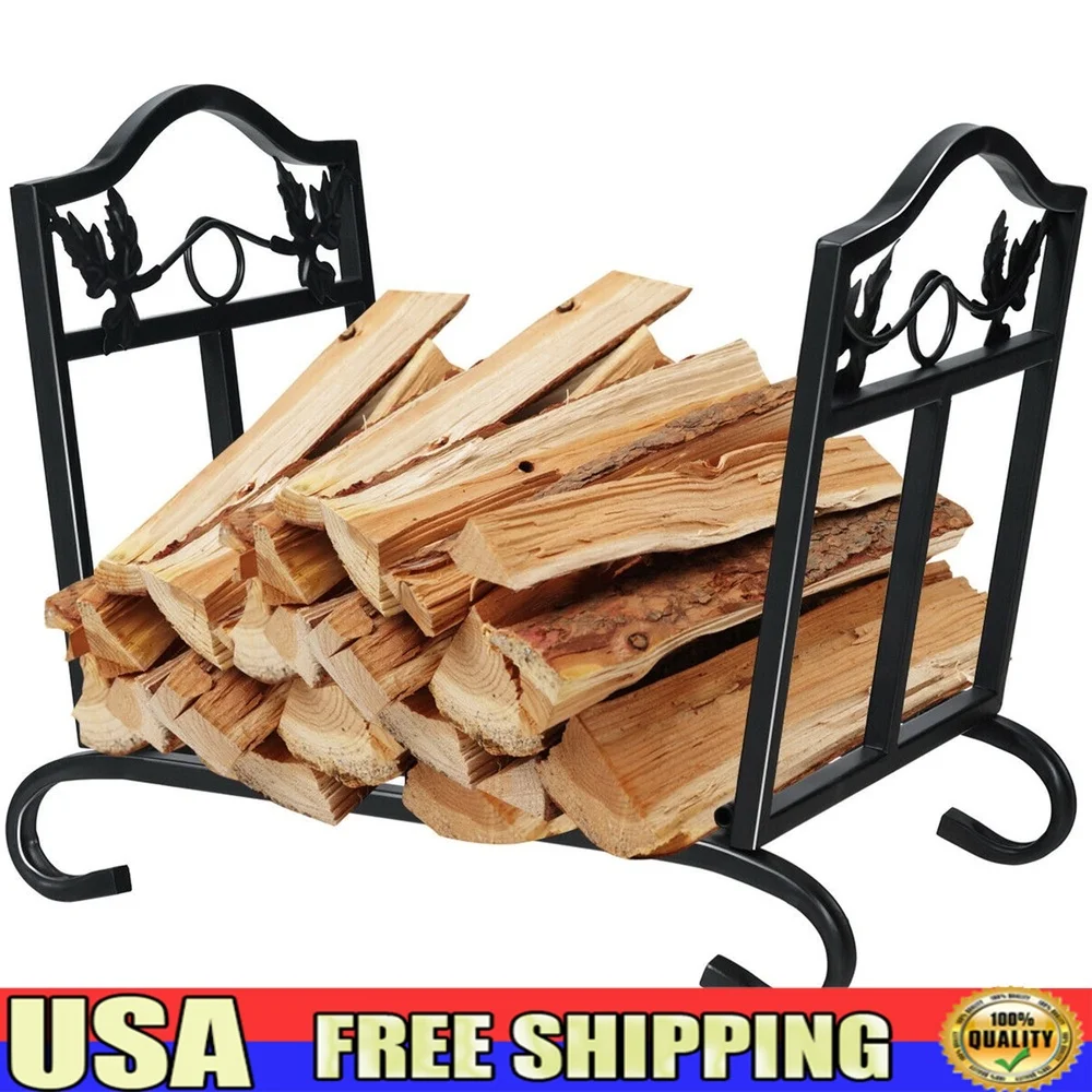 

Foldable Firewood Log Rack Heavy Duty Steel Wood Storage Holder Fireplace Indoor Outdoor Use Rustic Leaf Pattern Design