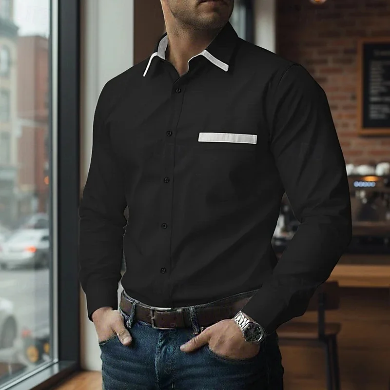 Men's white-collar long sleeved shirt with lapel pockets and decorative buttons, cardigan for commuting and leisure, men's top