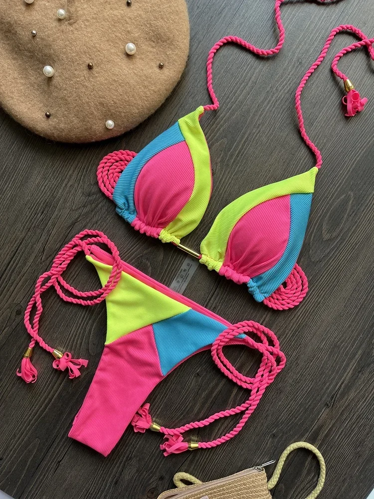 2023 ชุดว่ายน้ําเซ็กซี่ผ้าพิเศษ Splices 2 ชิ้นชุดบิกินี่ชุดว่ายน้ําสตรี Push Up Biquini บราซิล Beachwear ชุดว่ายน้ํา