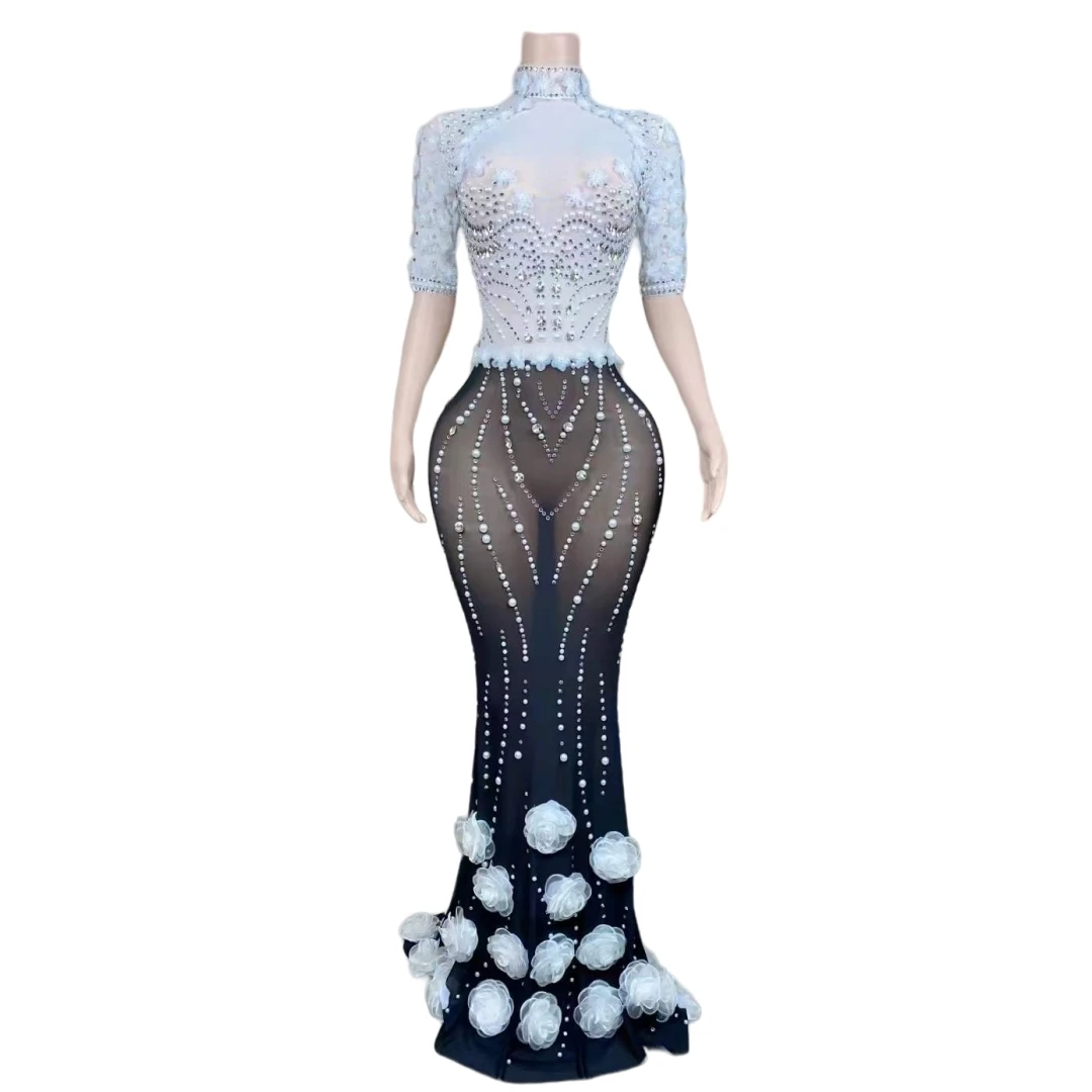 White Black Mesh Flower Sheer Half Sleeve Long Dress For Women Beaded Birthday Queen Elegant Outfit Singer Stage Wear