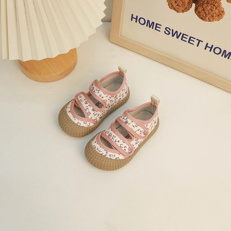 Floral Canvas Shoes Children Girls Square Mouth Casual Kids Girl Soft Soled Non-slip Shoe