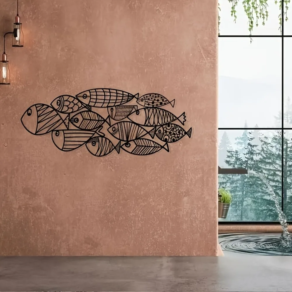 Metal Fish Wall Art Black Ocean Decor Swimming Fish Design for Modern Kitchen Living Room Bedroom Coastal Home Beach Villa