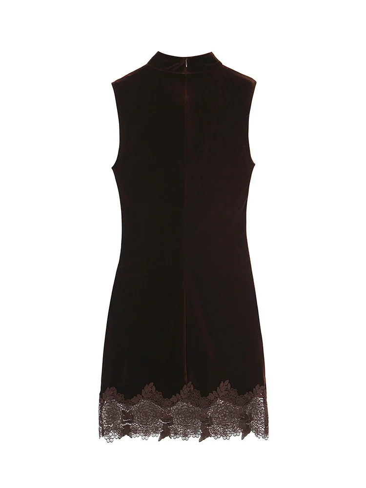 فستان نسائي مخملي قصير مزين بالدانتيل بدون أكمام من الدانتيل فستان كاجوال للحفلات المسائية أنيق بنصف ياقة عالية