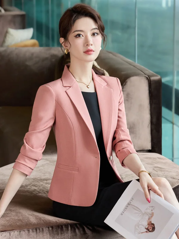 

Pink Suit Jacket Women's Commute Style Professional Career Long Sleeve Polyester Fiber Regular Length Button up Coat Set