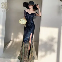 Slim Long Evening Dress Luxury Ruched Mermaid Sleeveless Sexy Sequins Evening Dress Side Slit Patchwork Party Prom Gown 2024 New