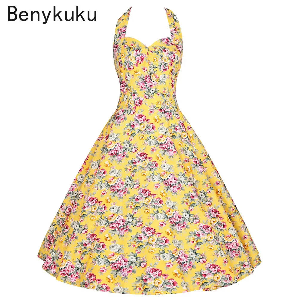 Stampa floreale Hepburn Vintage 50s 60s Pin Up Rockabilly vestito Plus Size donne abiti estivi Sexy Halter Party retrò abiti di cotone