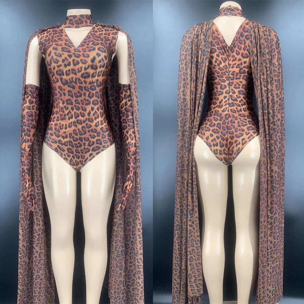 Bodysuits leopardo sexy com luvas e xale para mulheres, roupas de carnaval, traje de palco, desfile de moda