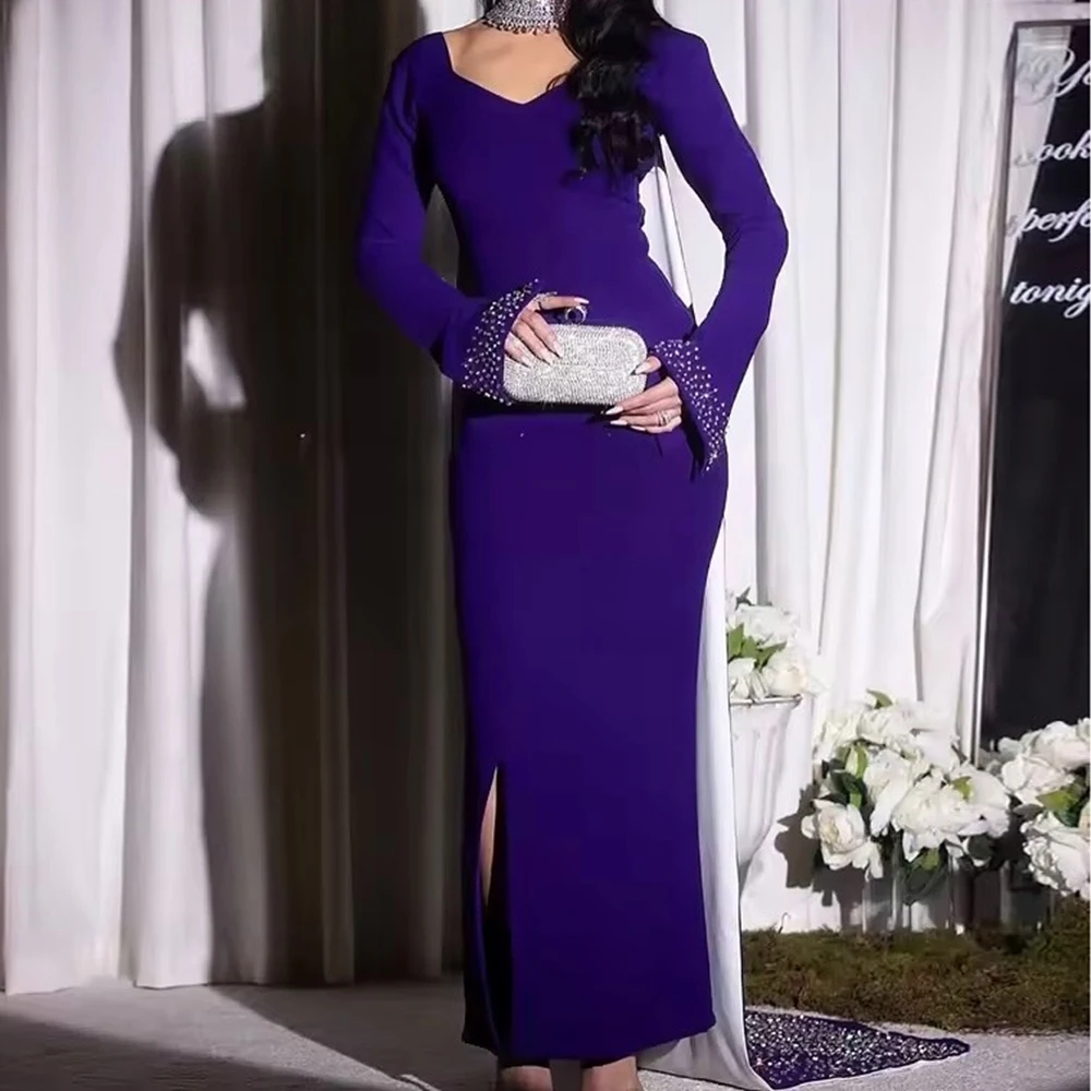 

Customized Mermaid Evening Dresses Floor-length V-neck Full Sleeve Prom Gown Fashion Crystal Side-split Simple Draped Party Gown