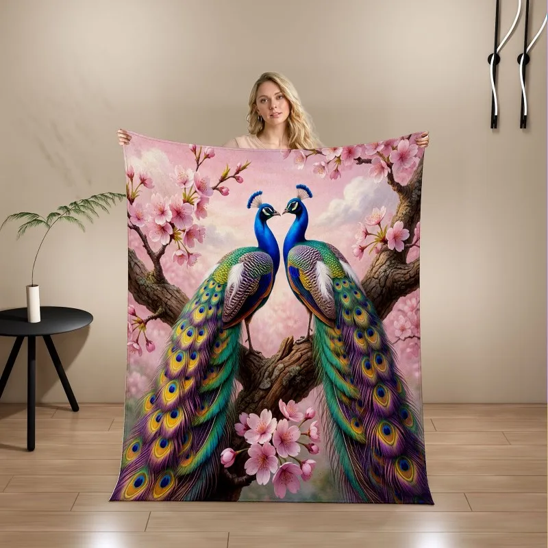 Breathable Flannel Throw Blanket, Pair Peacock with Cherry Blossom Motif, Soft Warm Cover for Bedroom Sofa & Home Ornament