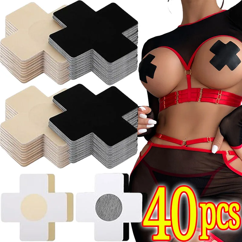 10/40pcs ผู้หญิงสีดํา CROSS Shape Self-Adhesive ทิ้งซาตินฝาครอบหัวนม Pasties เต้านมสติกเกอร์สําหรับเสื้อผ้าที่ไม่มีสายหนัง