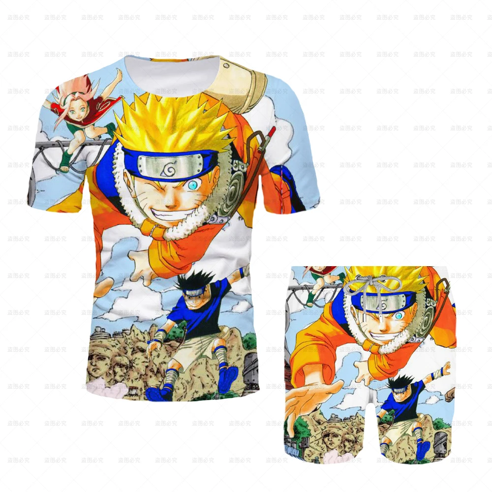 

Anime Adult Men Naruto Summer Casual Fashion Clothing Short Sleeve Set Boys Girl Round Neck Leisure T-shirt +shorts Suits