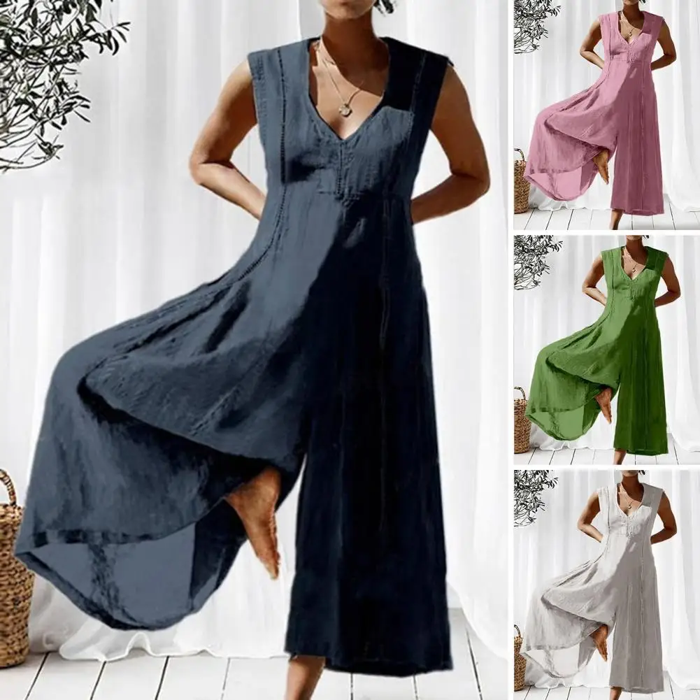 

Women Jumpsuit Wide Leg Sleeveless Solid Color Loose Dress-up Mid-calf Length Rompers Plus Size Ladies Jumpsuit Female Clothes