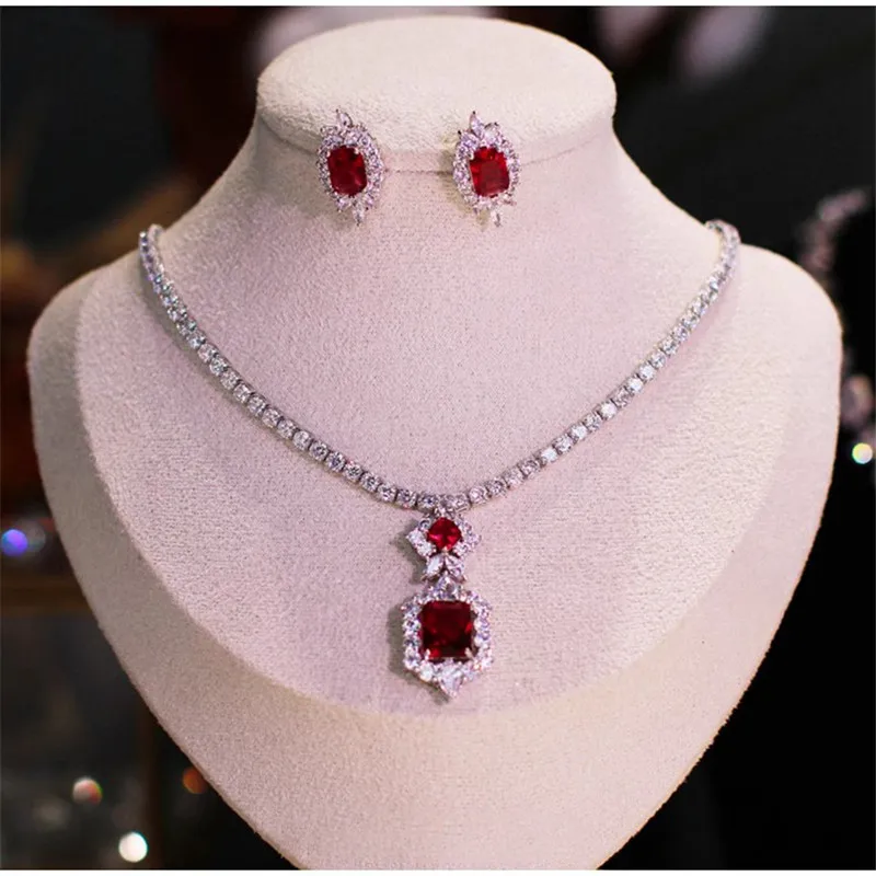 

CC Luxury Jewelry Sets for Wedding Women Accessories Bridal Bijoux Engagement Imitation Ruby Necklace Earring 2 PCS Set CCAS214