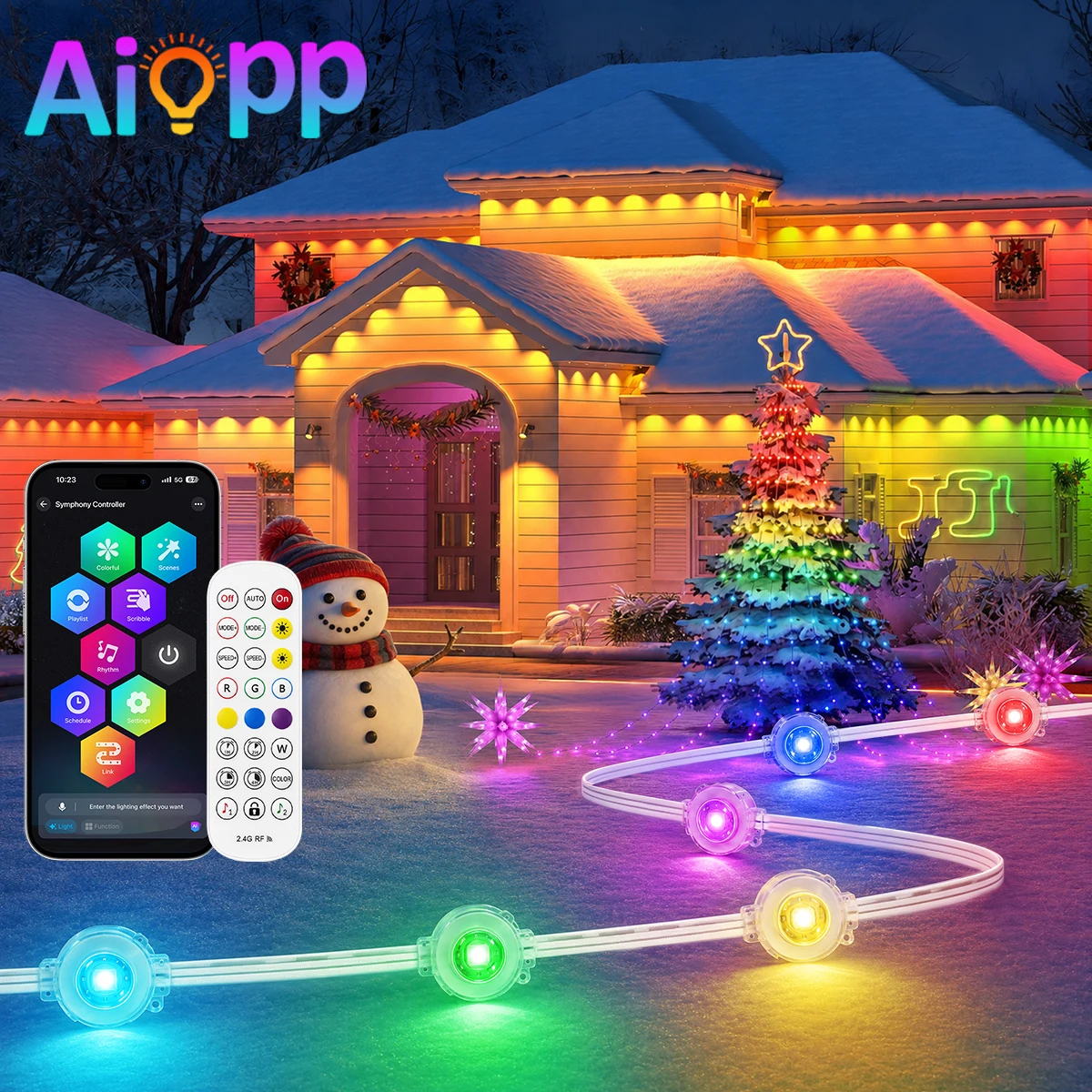 DIY Christmas Tree Lighting Lights Bluetooth Remote APP Control RGB Smart Eaves Light Music Sync Timer Waterproof Holiday Decor