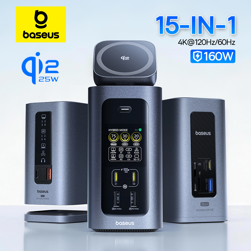  Baseus 160W 15-in-1 USB C HUB to 2 HDMI 4K@120Hz 60Hz with Qi2.2 25W Wireless Charger 180W GaN EU US Adapter Docking Station Hub 