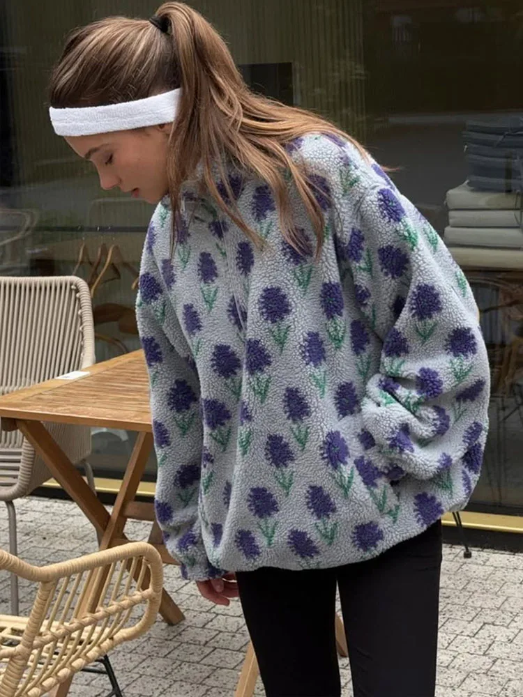 MCDV Bluzy polarowe z nadrukiem vintage, damska moda, kontrastowe, luźne bluzy z krótkim zamkiem, jesienno-zimowe, codzienne topy streetwear