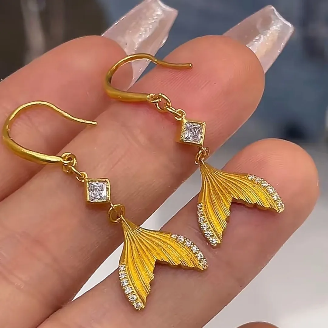 

Genuine 18K Fish Tail Ear Hook Earring for Women Elegant Long Drop Earrings Party Birthday Fine Jewelry Gifts