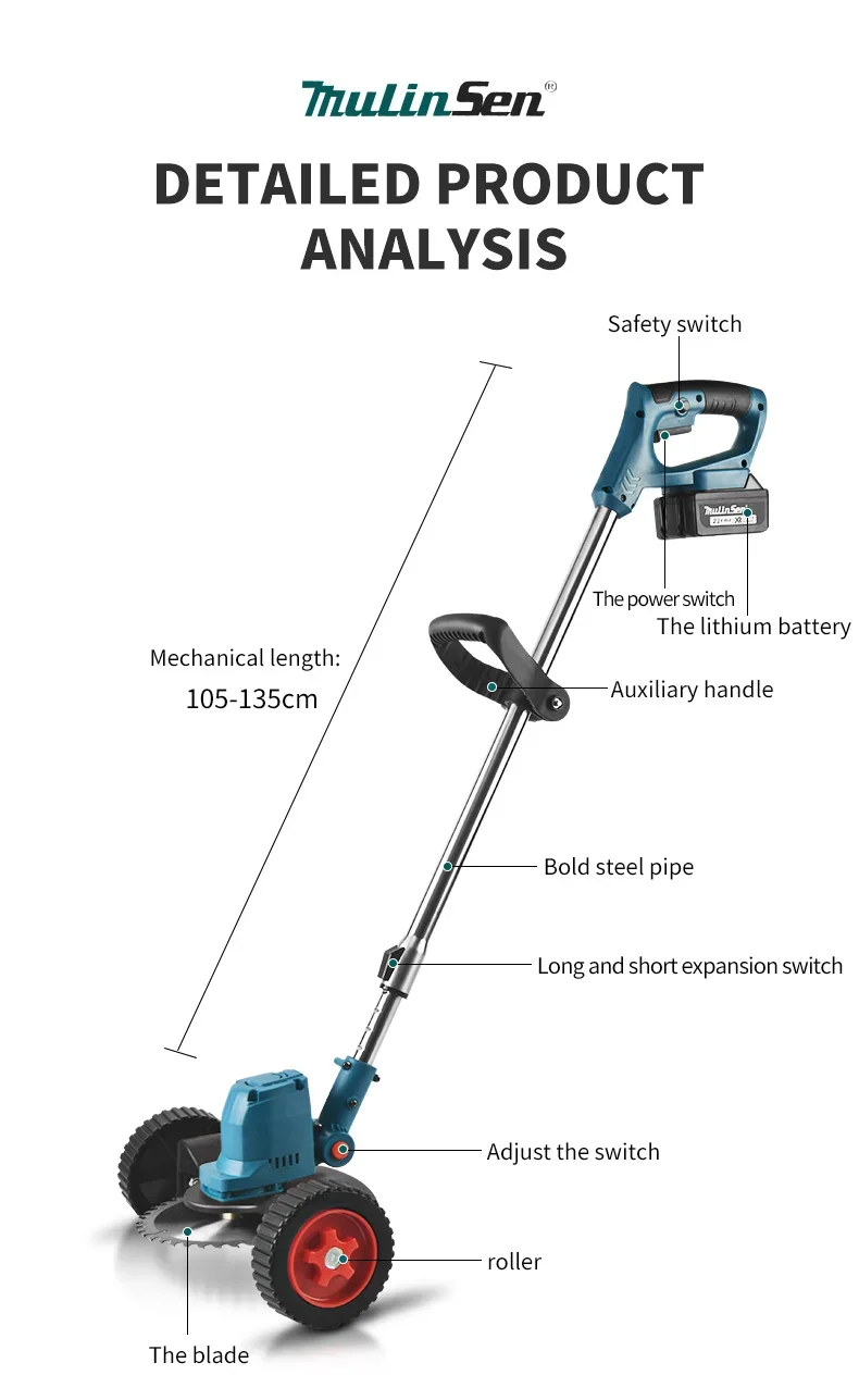 Mulinsen Hot Sell Cordless Brushless Grass Cutter Aluminum Rod Iron Head Grass Trimmer With Wheels Lawn Mower