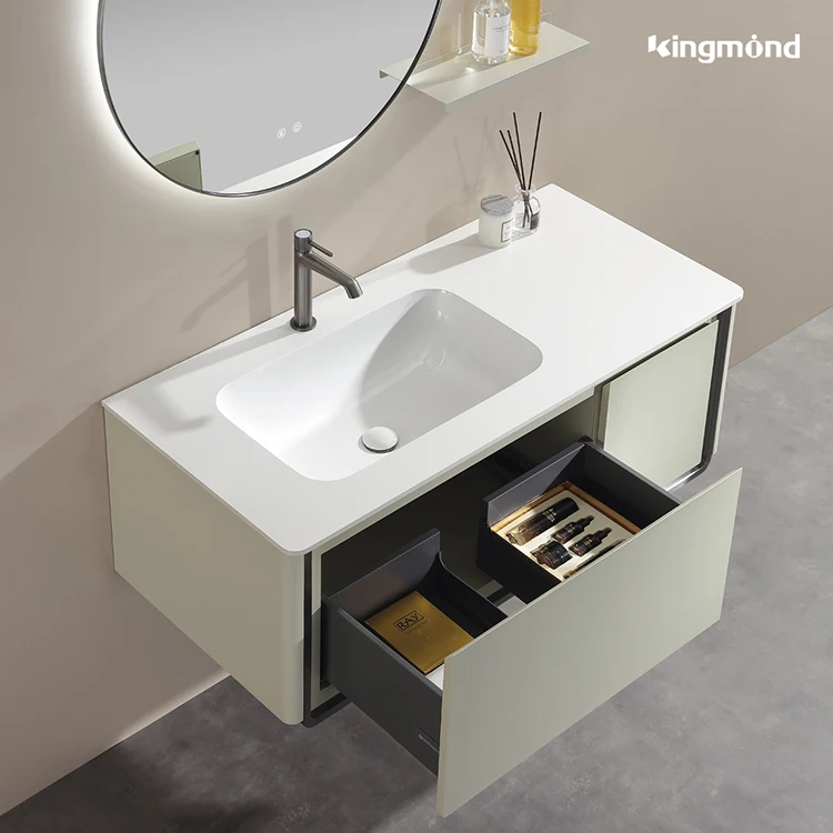 Small Modern Stainless Steel LED Mirrored Bathroom Wall-Mounted Dresser with Pull-Out Drawer Storage Cabinet for Apartmentpromot