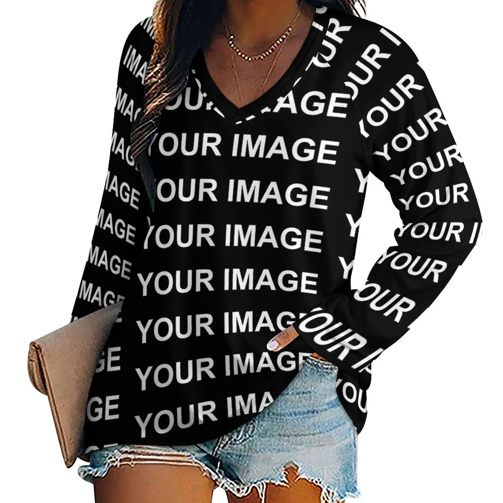 Your Image Customized T Shirt Custom Made Design Cute Long Sleeve T Shirts Women V Neck Casual Tshirt Oversize Printed Tops