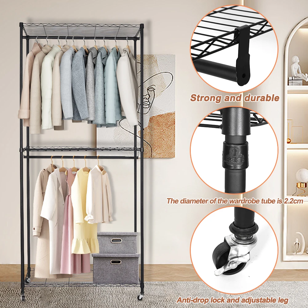 

Rolling Clothes Organizer with Wheels Multifunctional Heavy Duty Garment Rack with Cover for Coats Shirts Dress