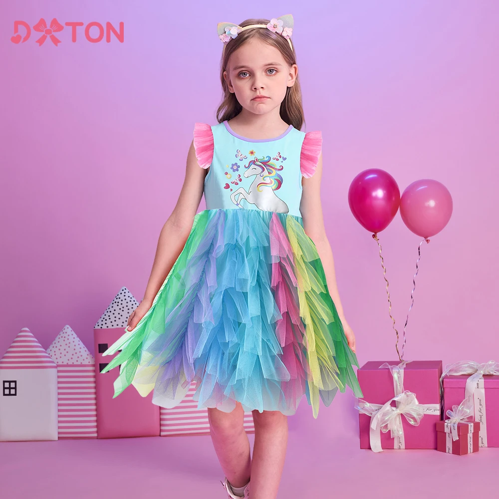 

DXTON 2025 Girls Princess Dresses Irregular Mesh Party Prom Kids Dress Flying Sleeve Unicorn Summer Vacation Children's Clothing