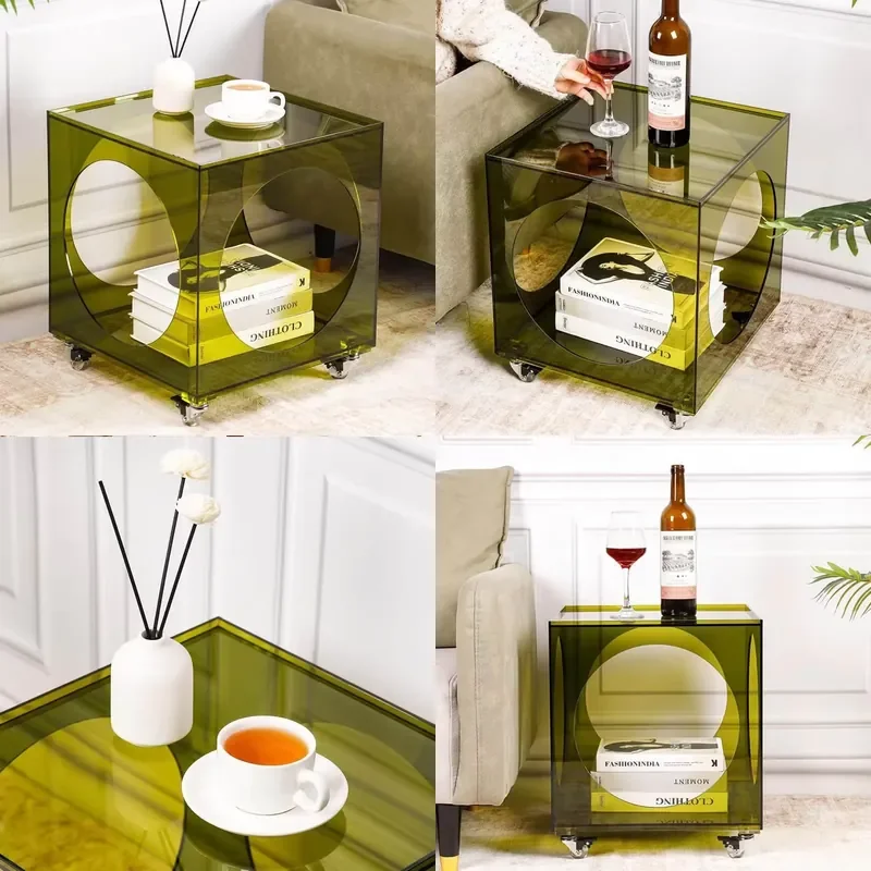 Dark Green Acrylic square Hollow Edge Table Movable Round Hole Bedroom Bedside Table