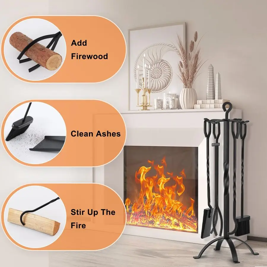 مجموعة أدوات الموقد 5 قطع 32 بوصة حديثة من الحديد المطاوع باللون الأسود مجموعة أدوات نار كبيرة للأماكن الخارجية والداخلية تتضمن مدخنة البوكر والطن #5