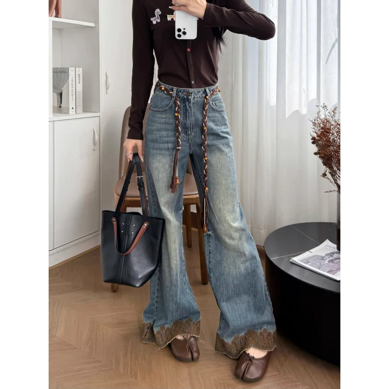 

Retro Washed Blue Denim Pants High-grade Embroidery Design Casual Loose Trousers Female Wide Leg Straight Jean Pants