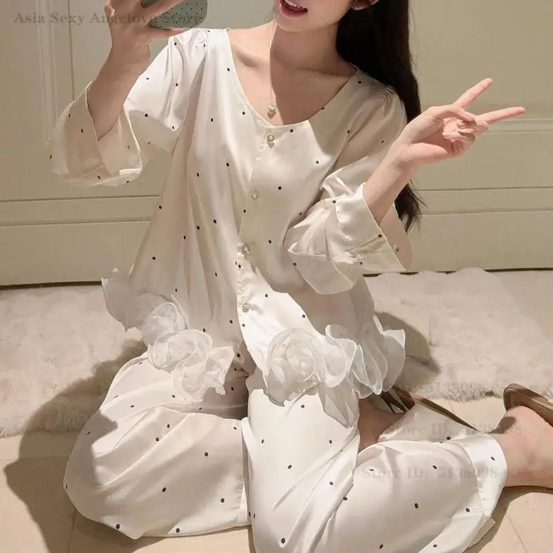 

Элегантный женский пижамный комплект: модная сексуальная домашняя одежда из шелкового сатина для весны и лета, пижама в горошек для сна и отдыха