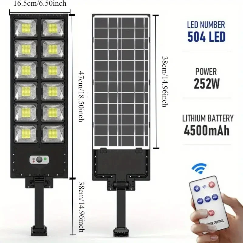 504LED Ultra-Bright Solar Street Light Wide Angle MotionSensor, Remote Control,Energy-Efficient, Waterproof, AndAdjustable