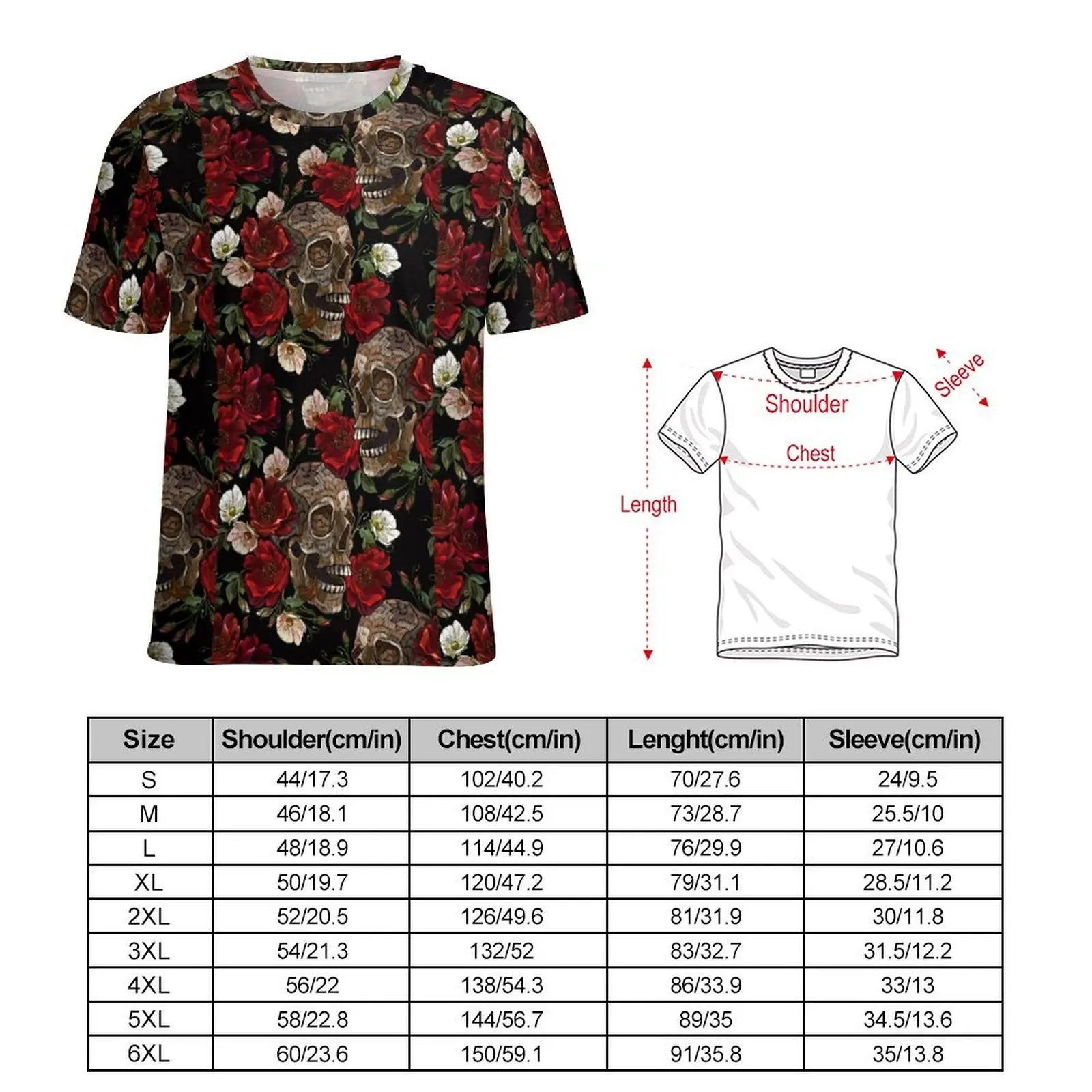 Male Embroidery Skull T Shirt Red Roses Vintage T Shirts Short Sleeve Graphic Tops Wholesale Summer Y2K Fun Plus Size Top Tees